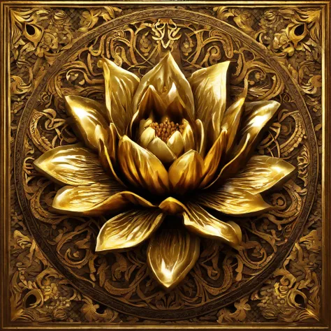 A golden water lily, lotus petals, radiating golden light, Lotus, with lotus flowers, glowing golden aura, a golden halo, soft golden light, glowing delicate flower, lotuses, gold ethereal light, gold flowers, sitting on a lotus flower, gilded lotus prince...