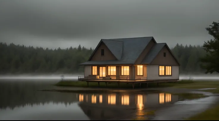 Quiet gloomy night with light rain. House on a lake with a variety of wildlife.