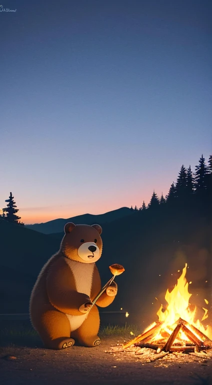 campsite、A bear grilling meat on a bonfire、