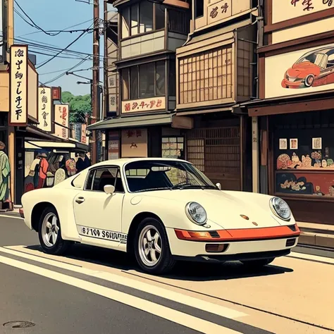 ((ukiyoe painting))、(Beautuful Women:1.5)、motor car、Kaigan Street、High waves、Porsche、