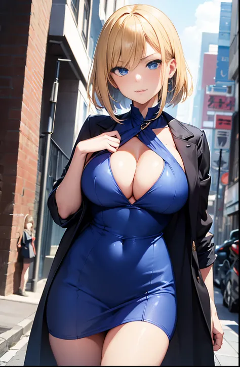 2D Anime Style、Blue eyes、Beautiful shining eyes,  (Talented lo-fi:1.3),breasts are slightly larger、high and beautiful nose, Beautiful face with slender contours,A cool adult woman with short blonde hair and an angry expression......................、Fashion...