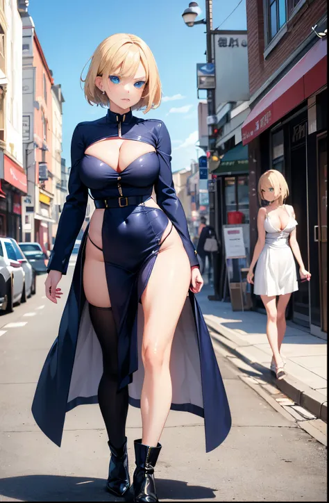 2D Anime Style、Blue eyes、Beautiful shining eyes,  (Talented lo-fi:1.3),breasts are slightly larger、high and beautiful nose, Beautiful face with slender contours,A cool adult woman with short blonde hair and an angry expression......................、Fashion...