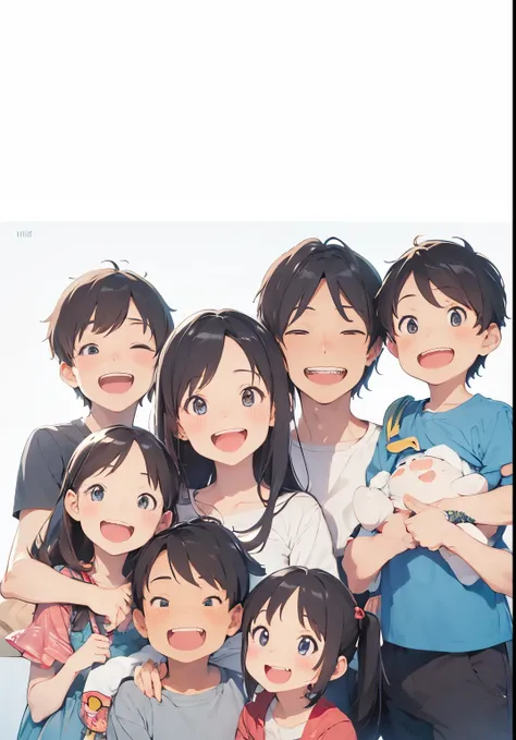 Generate AI illustration images showing happy family moments, with husband, wife, 4 sons and 1 daughter. Make sure their facial expressions look full of happiness and harmony