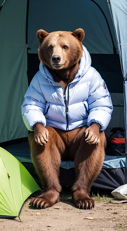 A bear wearing a down jacket is camping