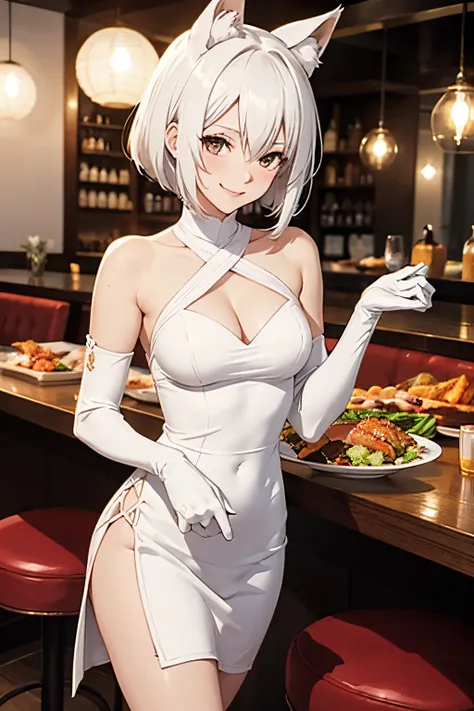 masutepiece　high-level image quality　Top image quality　8K　adult lady（Soio）　White Long Gloves（（blanche）（Long gloves））　party dress（（blanche）（Tube Top））　Wolf ears　shorth hair（（short-cut）（White hair）（Habitual hair）（fluffly））　a smile　during a meal（resturant）