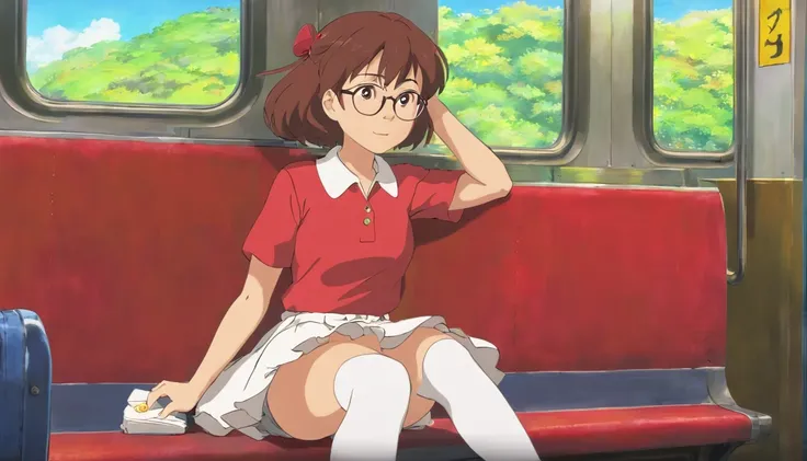 Mei， Wearing a red shirt and white skirt，sitting on the train，