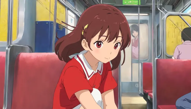 Mei， Wearing a red shirt and white skirt，sitting on the train，Close-up，Only the face