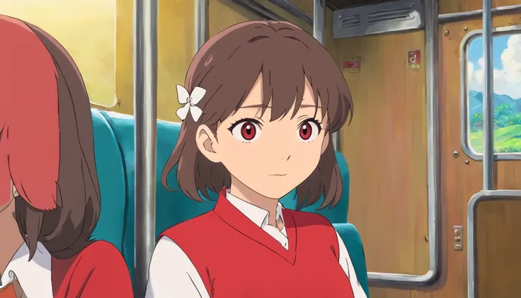 Mei， Wearing a red shirt and white skirt，sitting on the train，Close-up，Only the face