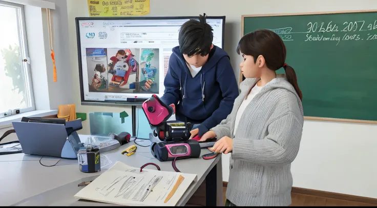 an 18-year-old boy and a teacher are standing in the room with a laptop, 😭🤮 💔, abcdefghijklmnopqrstuvwxyz, in the workshop, robot repair workshop, 🤬 🤮 💕 🎀, Ao fundo, 🕹️ 😎 🔫 🤖 🚬, by Emma Andijewska, Kamronbek Kifkivich