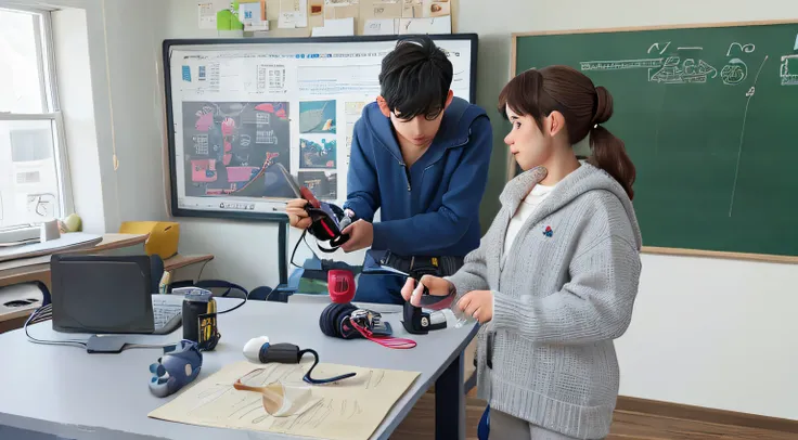 18 year old boy and teacher standing in a room with a laptop, 😭🤮 💔, abcdefghijklmnopqrstuvwxyz, in the workshop, robot repair workshop, 🤬 🤮 💕 🎀, Ao fundo, 🕹️ 😎 🔫 🤖 🚬, by Emma Andijewska, Kamronbek Kifkivich