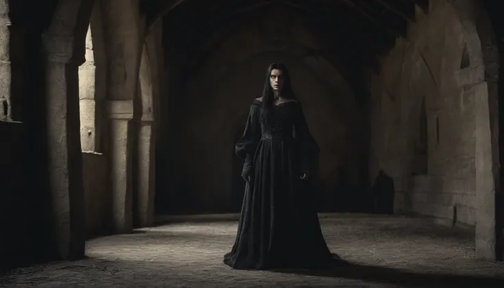 (photorealistic, highest quality, photo) young medieval woman (black hair and brown eyes, wearing a riding gown), inside medieval Hungarian stables, day, gothic, suspense, 8k, cinematic scene from period film, cinematic, in the style of cinematographer Dio...