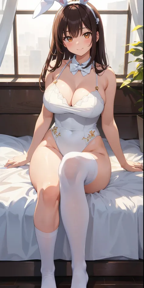 masterpiece, best quality, finely detailed, high resolution, extremely delicate and beautiful, (bunny girl) , white clothes, (huge breasts) ,  dark hair , beatiful sexy white socks  , smile