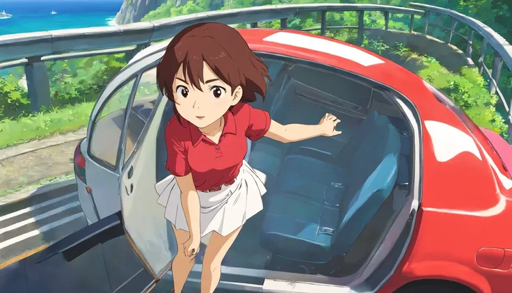 Mei， Wearing a red shirt and white skirt，Got off the car，Get off the train