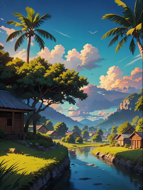 very detail painting of a distance rice farm, village road, a boy fishing near small rocky river, coconut trees, small hill, beautiful scenery, tropical heaven, anime countryside landscape, anime landscape wallpaper, sharp outlines, anime landscape, beauti...