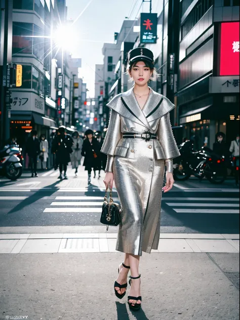 fashion influencer walking down a street, smile, happy, ((Tokyo)), 2023 FW, fashion week, trendy clothing, Gucci, Balenciaga, Versace, Prada, Chanel, shot on leica sl2, (luxury advertising photography: 1.2), motion blur, (graflex speed graphic: 1.4), lens...