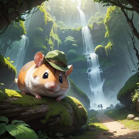 A cute hamster wearing an adventurers hat explores the vibrant and cartoonish jungle scenery for an epic hamster adventure. The hamsters adorable face and expressive eyes captivate the viewers, while the detailed fur texture adds realism to the image. The ...