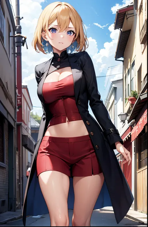 2D Anime Style、hight resolution,Blue eyes、Beautiful shining eyes,  (Talented lo-fi:1.3),breasts are slightly larger、high and beautiful nose,Beautiful profile with a slender outline,An adult woman with short blonde hair and a cool angry expression.............