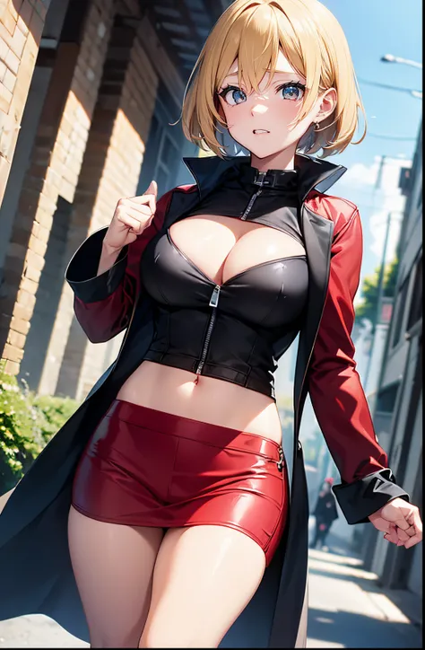 2D Anime Style、hight resolution,Blue eyes、Beautiful shining eyes,  (Talented lo-fi:1.3),breasts are slightly larger、An adult woman with short blonde hair and a cool angry expression......................、high and beautiful nose,Beautiful profile with a sle...