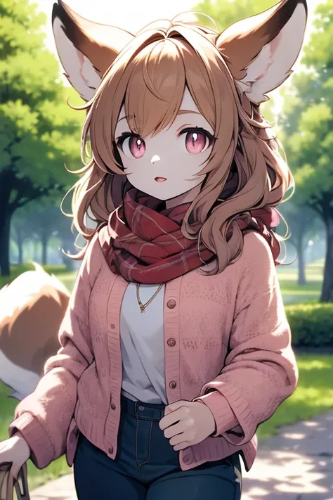 A high resolution, depth of fields, tmasterpiece, Best quality at best, parks，Shawl hair, Fury，red fox，adolable，bit girl，Brown hair，Pink pupils，shorter pants，Summer clothes，