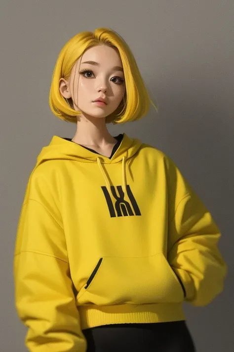 Yellow hair girl bob hair yellow clothes background yellow