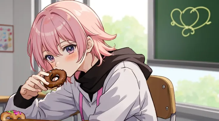 Anime boy with pastel pink hair in a classroom eating a donut