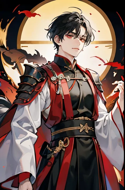 a male, wearing black gold hanfu war clothes with blood on his clothes, has good-build body, has long black hair, has sharp dark red eyes, wearing armor and brings weapon, thick eyebrows, 29 years old, asian, looks so cold and cruel, standing in front enem...