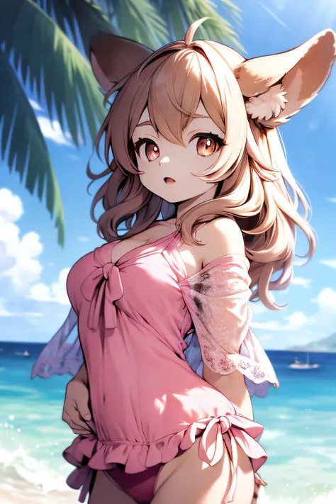 A high resolution, depth of fields, tmasterpiece, Best quality at best, Seafront，Shawl hair, Alone, looking at viewert, irate，shaggy，Red Fox，Cute big breasts，bit girl，Brown hair，pink student，bathing suit