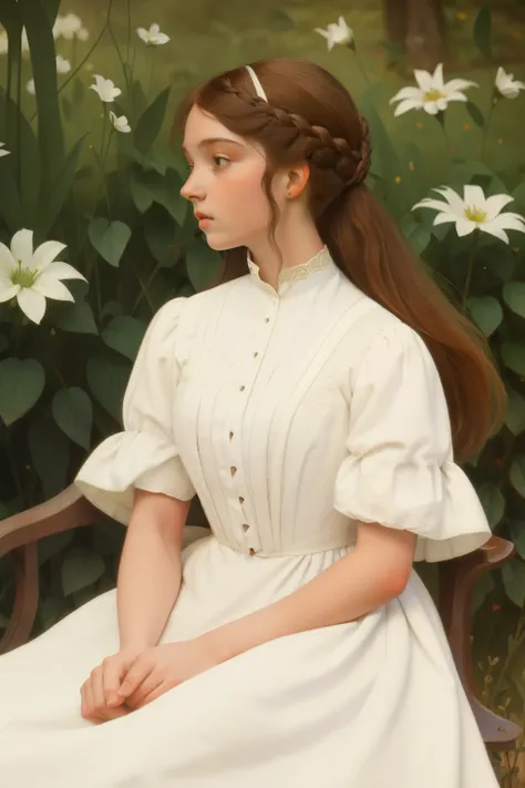 1885, england. Pre-raphaelite 16-year-old Kristine Froseth, boarding school gardens, ((((1880s clothes, white dress)))), ((1880s hairstyle))