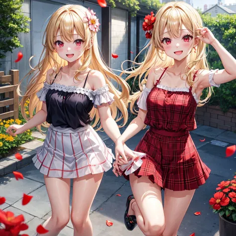 a blond、red eyes、1 pretty girl、animesque、lightly dressed、Plaid miniskirt、flower petals、bare-legged、wetting hair、Camisole-wearing、jumpping、you、piece、Smiling