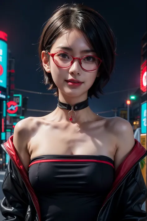 1girl, sarada uchiha in anime boruto, short hair, black hair, red eyes, smile, beautiful, sexy dress, sexy clothes, red clothes, wear red glasses, very big breast, realistic clothes, detail clothes, outdoor background, ultra detail, realistic