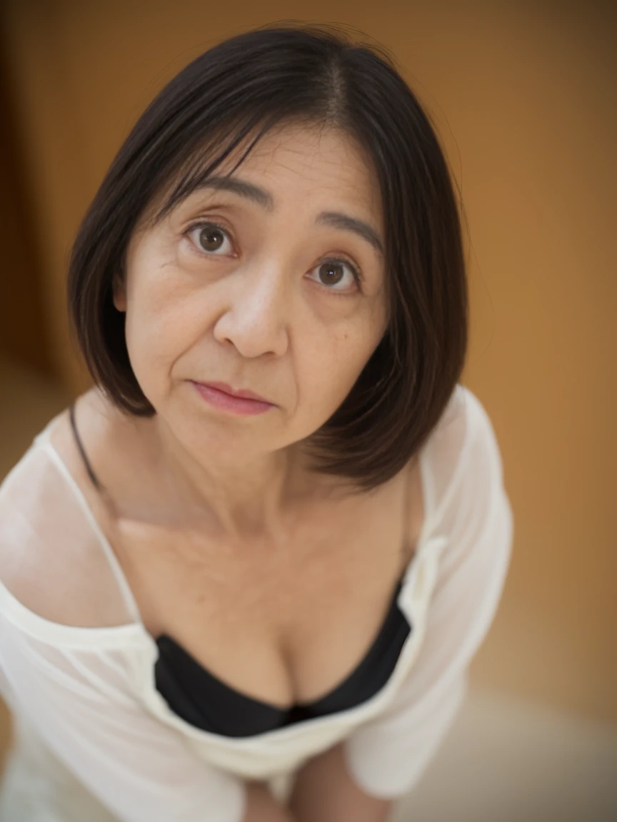 (((Japanese 78 year old mature woman))),top-quality, ​masterpiece, hight resolution, Photorealsitic, Raw photography, flawless, profetional lighting, ighly detailed, depth of fields,toilet room, (((78-year-old))), (((Wrinkles on the face))),(Nasolabial fol...