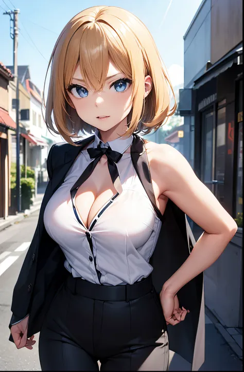 2D Anime Style、hight resolution,Blue eyes、Beautiful shining eyes,  (Talented lo-fi:1.3),breasts are slightly larger、high and beautiful nose,Beautiful face with slender contours, cool angry expression,adult woman with short blond hair......................、...