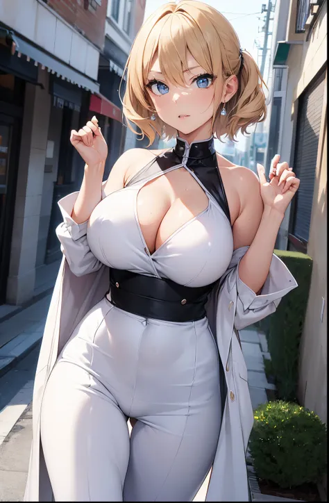 2D Anime Style、hight resolution,Blue eyes、Beautiful shining eyes,  (Talented lo-fi:1.3),breasts are slightly larger、high and beautiful nose,Beautiful face with slender contours, cool angry expression,adult woman with short blond hair......................、...