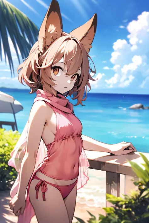 A high resolution, depth of fields, tmasterpiece, Best quality at best, Seafront，Shawl hair, Alone, looking at viewert, irate，shaggy，Red Fox，Small under the chest，bit girl，Brown hair，pink student，bathing suit