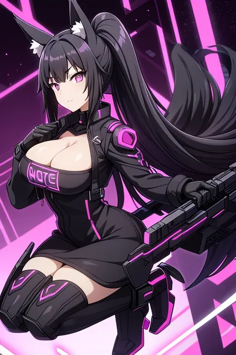 female, black hair, wolf ears, wolf tail, silver eyes, black and purple full body cyberpunk suit, fur trim, cleavage, magenta trim, futuristic gloves, futuristic boots