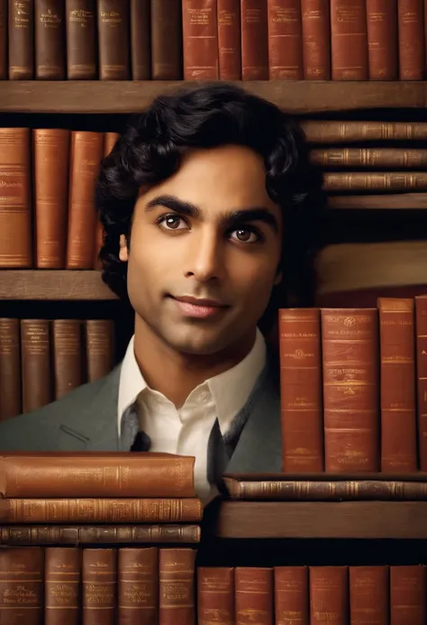 A photo of a bookshelf filled with classic literature and academic texts,The Big Bang Theory,Raj is an Indian man with black hair and brown eyes, portrayed by Kunal Nayyar, male