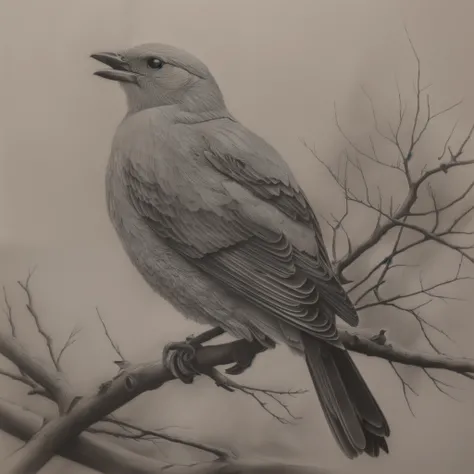 A bird perched on a branch, graphite on paper, graphite sketch, pencil on paper, monochrome drawing, Complex sketches, pencil art on paper, Highly detailed 4k drawings, Inspired by Robert Bechtel, Black and white graphite drawing, high detail illustration,...