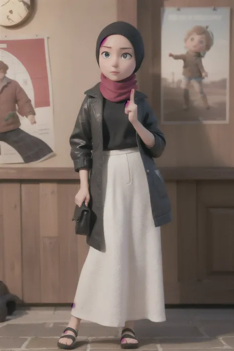 ((best quality)),((best quality)), ((masterpiece)), (detailed), long hijab finger poiting up with poster at the wall with long winter jacket and long skirt at the theater, ((masterpiece)), (detailed), perfect face