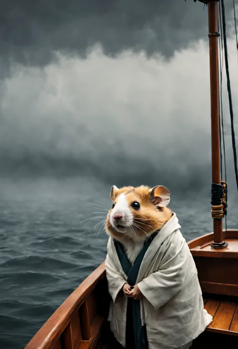 The vast sea is filled with thick fog，Adventurer hamster standing on the boat，wearing shabby robes，exploratory expression，Inspired by the movie《The life of pi》，from the edge of infinity，Felicia Simien and Studio Ghibli-style minimalist photography，Maximali...