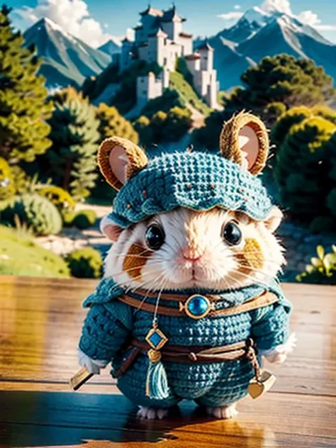 ZhenXian(wanou), a cute hamster illustration, brave warrior, medieval style, 3d animation, mountains on the background, Blurry background, Rpg game