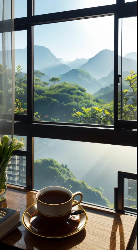 A cup of tea at the desk，The background is a window, Cinematic scenes, Perfect light, 美丽的构图, realistically, vegetation