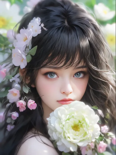 ladies and bouquet，Portrait close-up，She looked at me with very beautiful and kind eyes.Detailed Schneider pastel inks, Soft and wonderful, Fluffy, (Extremely Delicately Beautiful), (perfect  detail)、(pastel colour),Soft texture:1.2.(On a table, Best quali...