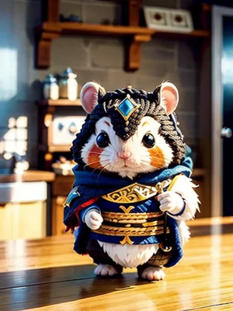 ZhenXian(wanou), a cute hamster illustration, brave warrior, medieval style, 3d animation, enormous kitchen for background, Blurry background, Rpg game