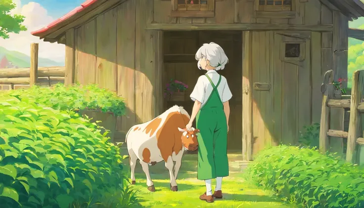 Grandmother，white color hair，Green clothes，Green pants，Inside the farm，A calf，