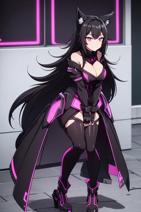 female, black hair, wolf ears, wolf tail, silver eyes, black and purple full body cyberpunk suit, fur trim, cleavage, magenta trim, futuristic gloves, futuristic boots