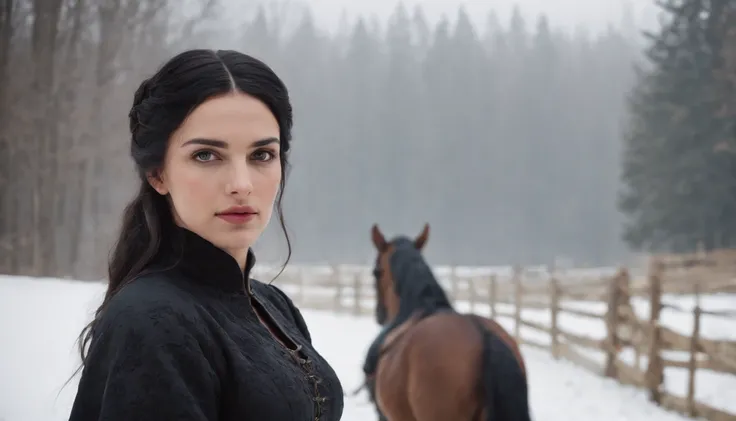 inside the stall of a medieval hungarian horse stables in winter, young medieval woman with black hair and brown eyes, wearing a winter riding gown, snow outside, day, gothic, suspense, 8k, cinematic scene from period film, cinematic, in the style of cinem...