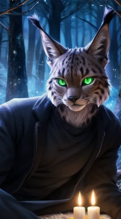 Solo, slim, male lynx, laying on back on top of a bed, kemono, black pants, muscular,
Detailed eyes, Green eyes, Glowing eyes, lynx tail, body portrait, outdoors, Forest, Candles, Night, particles, Firefly, Blue glowing, detailed background, realistic hand...