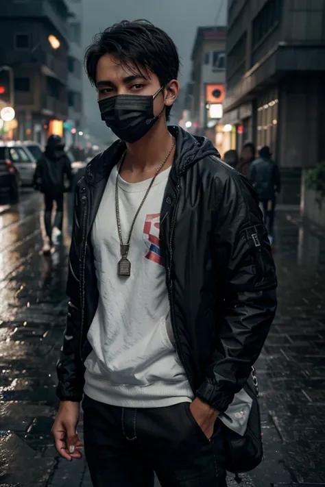 1boy, jacket, rain, outdoor, sweatshirt, open jacket, chain, backpack, wearing mask, tanned skin, boy gender, boy focus, trend in artstation, 8k resolution, highly detailed, anatomically correct, sharp image, digital painting, concept art, trend in pixiv, ...