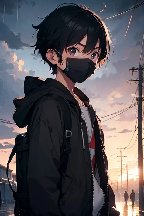 1boy, jacket, rain, outdoor, sweatshirt, open jacket, chain, backpack, wearing mask, tanned skin, boy gender, boy focus, trend in artstation, 8k resolution, highly detailed, anatomically correct, sharp image, digital painting, concept art, trend in pixiv, ...