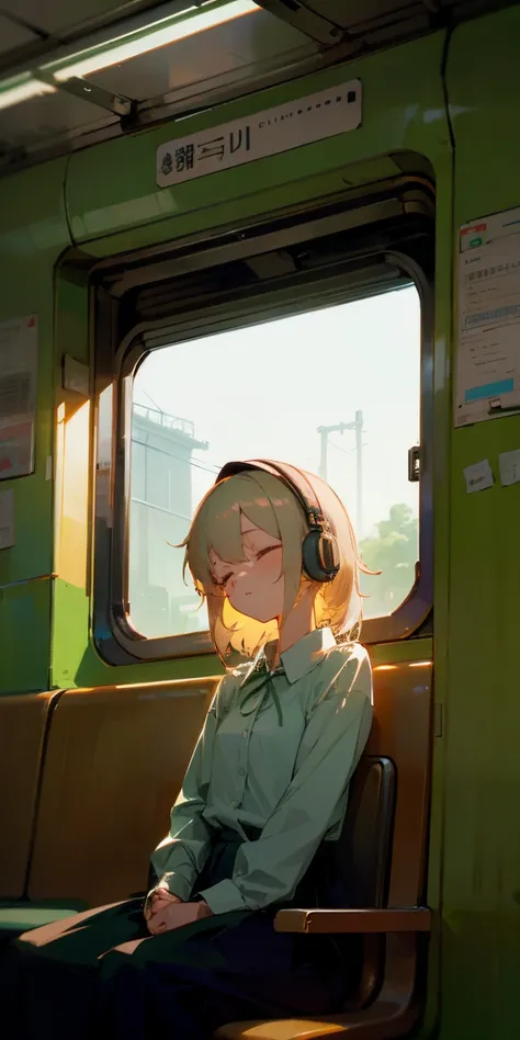 girl inside a train, eyes closed, arms crossed, sleeping, lofi style, sitting, white big sized shirt, looking at the window view, green tied pony hair, breakdomain, headphone listening to music, nice shot ose,Neon Light,